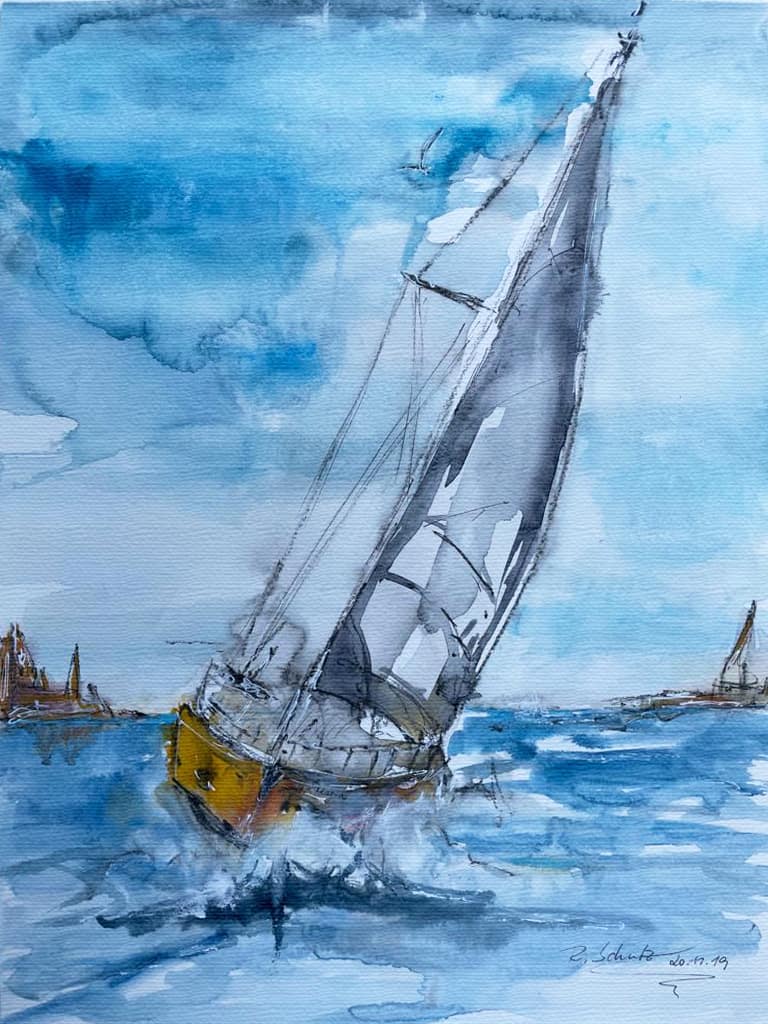 Corason "Sail Boat II in the winds" (2020). Watercolor on Paper. 30 x 40 cm
