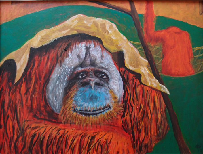Dietmar Egger "Sheltered Primate" (2017). Acrylic on cardboard. 36 x 48 cm