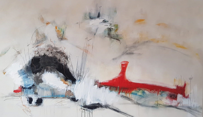 Mats Kade "Abstract 11/21" (2021). Mixed Media. Oil, acyrlic and charcoal on wood. 58 x 101 cm