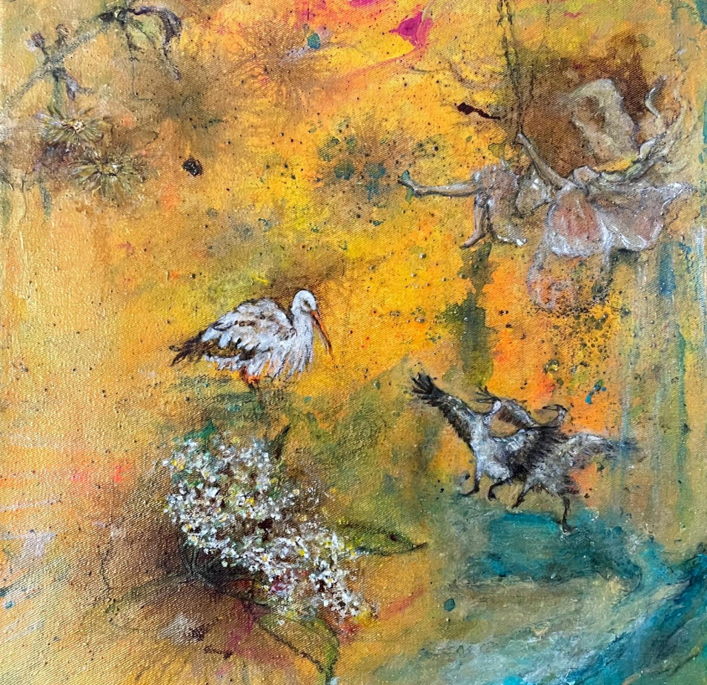 Andreja Soleil "Dance of the Cranes" (2021). Mixed Media. Acrylic, ink and charcoal on canvas. 30 x 30 cm