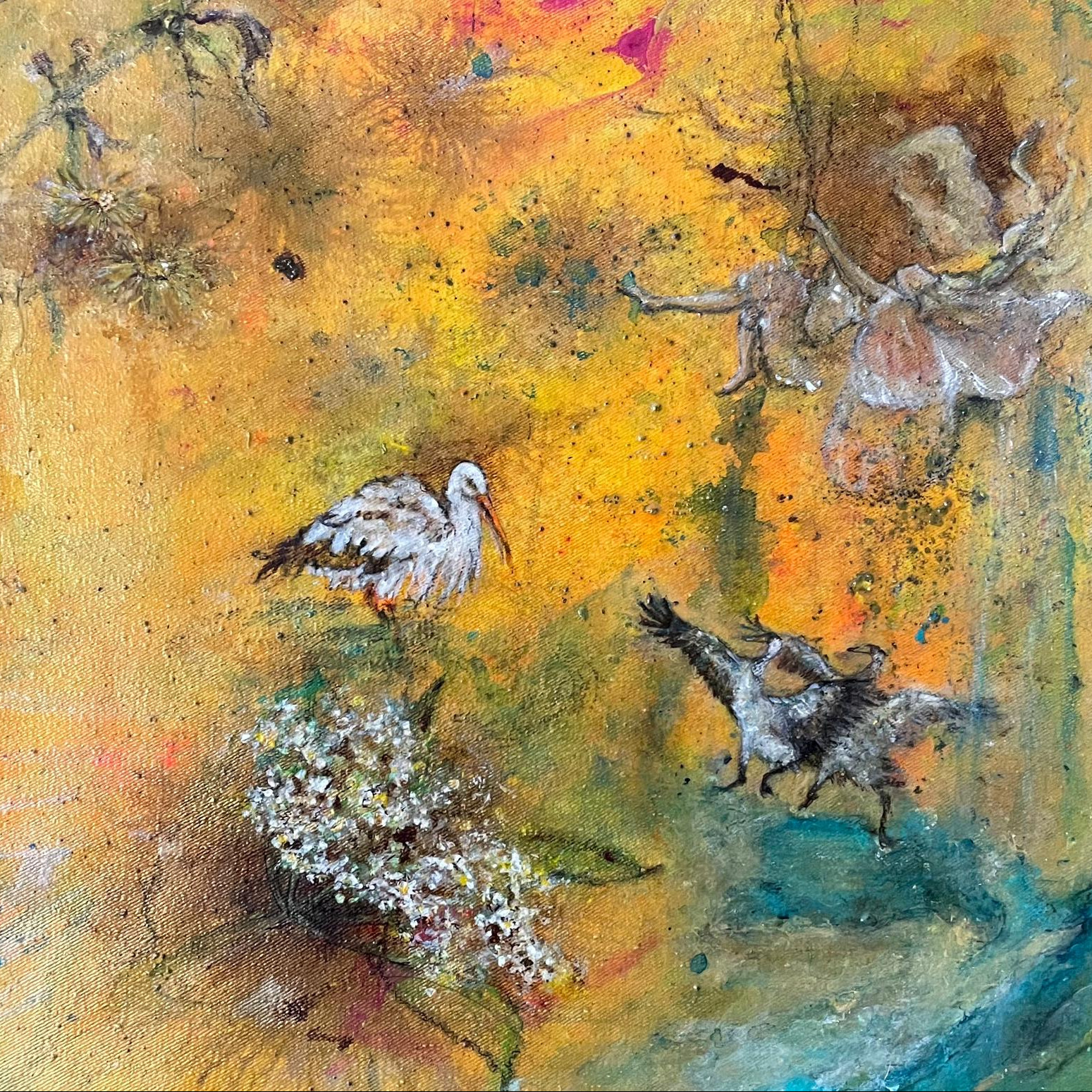 Andreja Soleil "Dance of the Cranes" (2021). Mixed Media. Acrylic, ink and charcoal on canvas. 30 x 30 cm