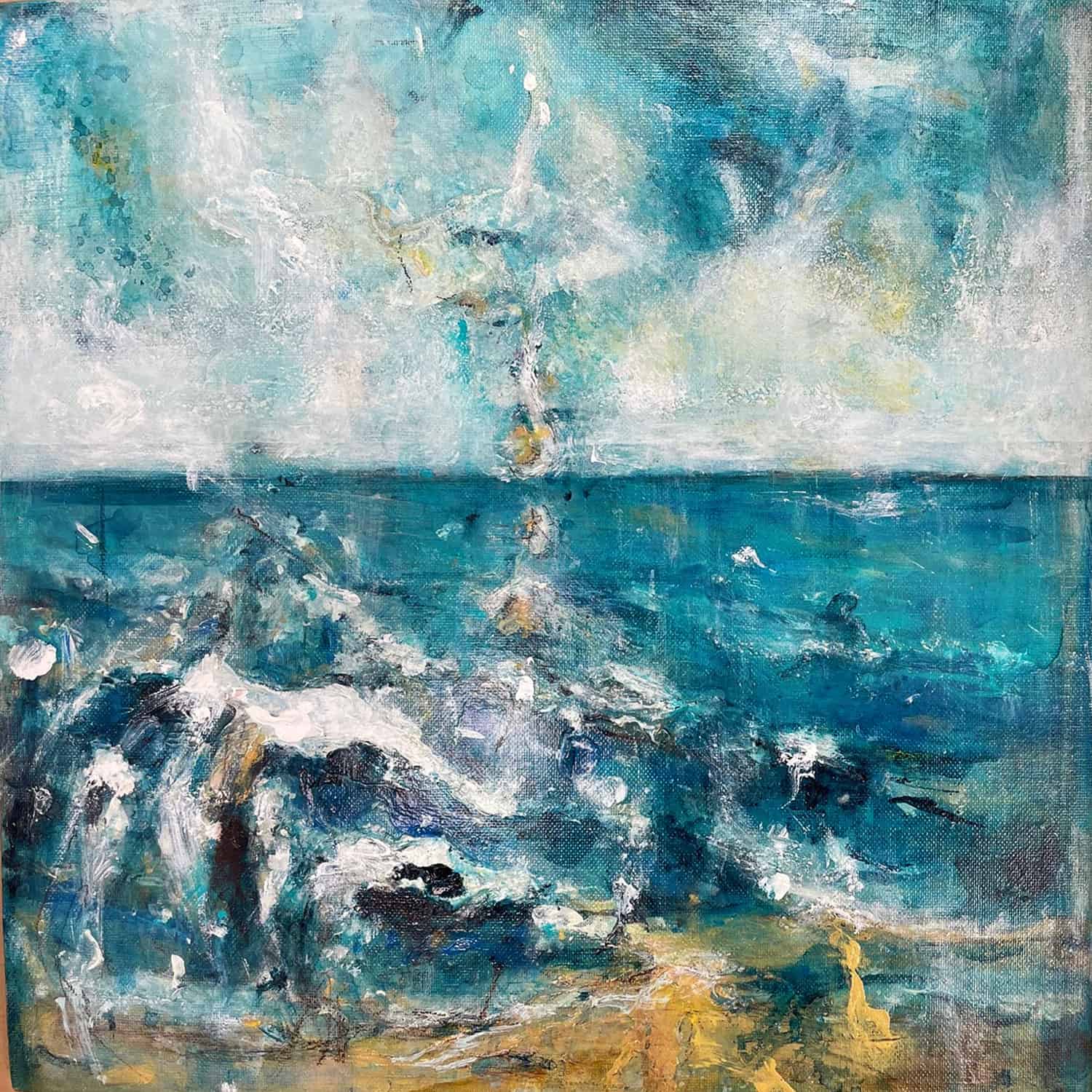 Andreja Soleil. Gold Sand (2022). Plein air Balitc Sea. Acrylic, charcoal and baltic ink on canvas. 30 x 30 cm