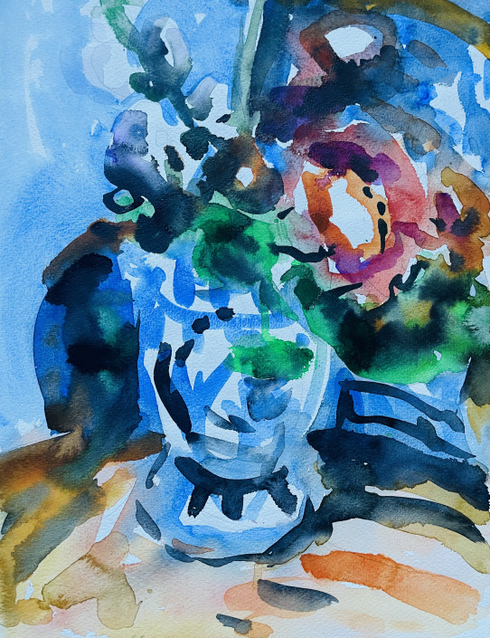 Wolfgang Schlüter. Flowers in blu white vase (1996). Watercolor on Paper, 40x30 cm