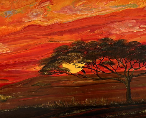 Caropour "Savannah" (2022) Embelished Landscape Pouring. Acrylic on canvas, 100 x 50 x 5 cm