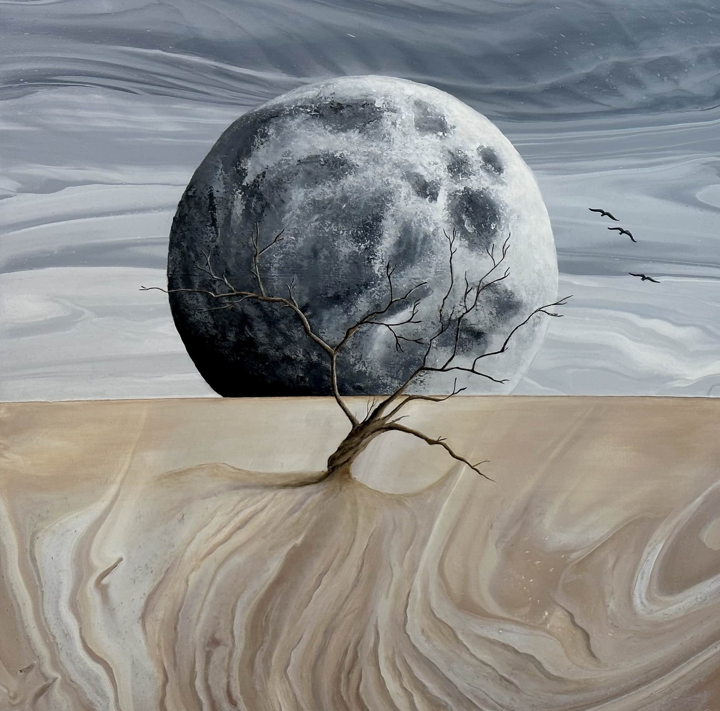Caropour "Talking to the moon" (2023) Embelished Landscape Pouring. Acrylic on canvas, 90 x 90 x 7 cm