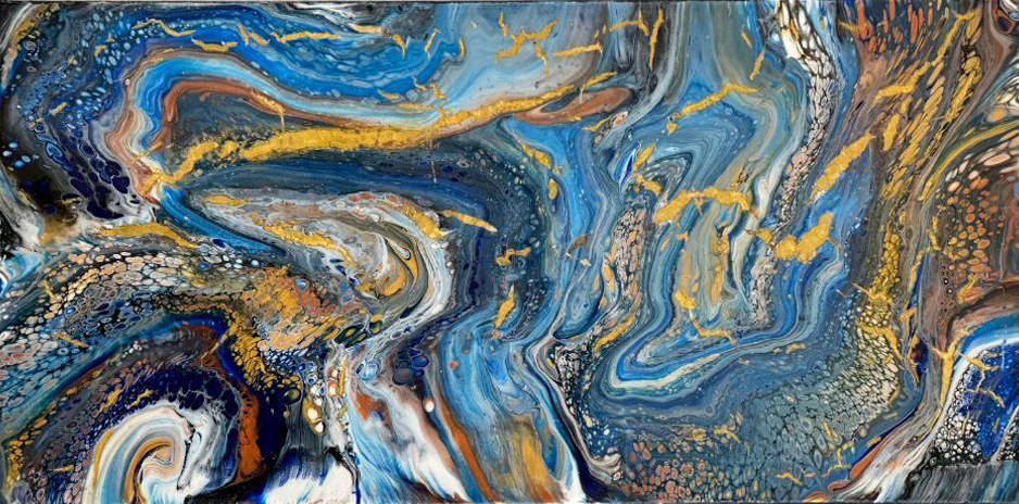 Caropour "Coral reefs" (2021) Swipe Pouring. Acrylic on Canvas. 30 x 60 x 5 cm